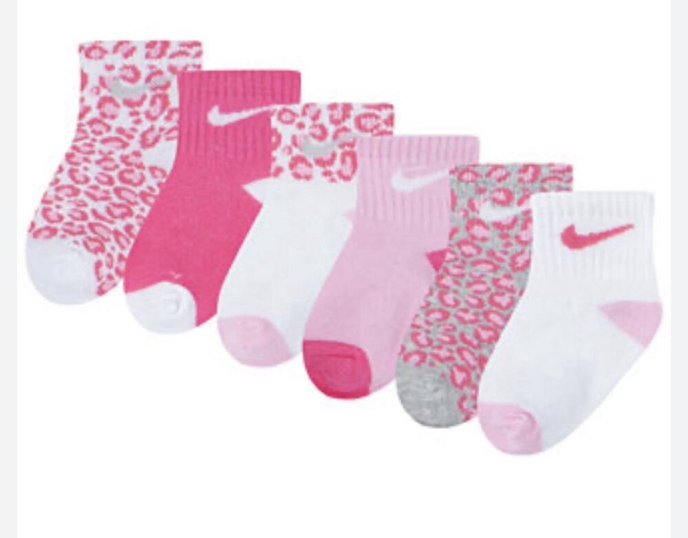 Nike Toddler Girl Ankle Socks 2-4 Yrs Pink, White & Gray Leopard Print 6 Pk NEW